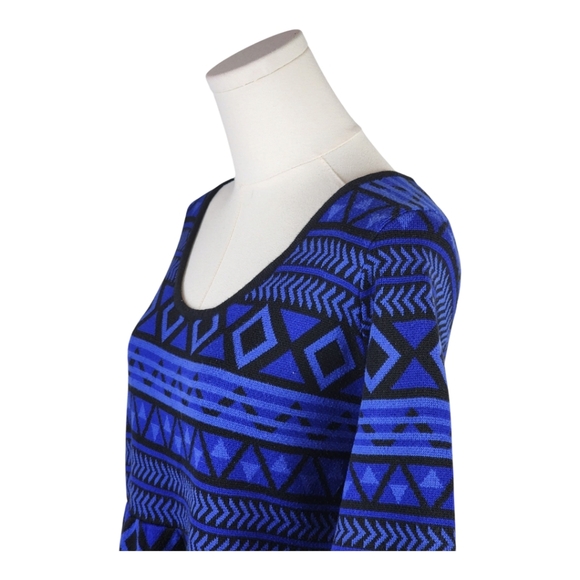T/O Sweater Knit Dress XL Blue Black Geometric Tribal Boho Y2K Fit & Flare - Picture 3 of 12